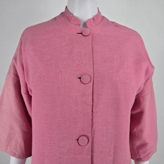 Vintage 1980s Handmade Vintage Pink Mandarin Collar Duster Coat (M)
