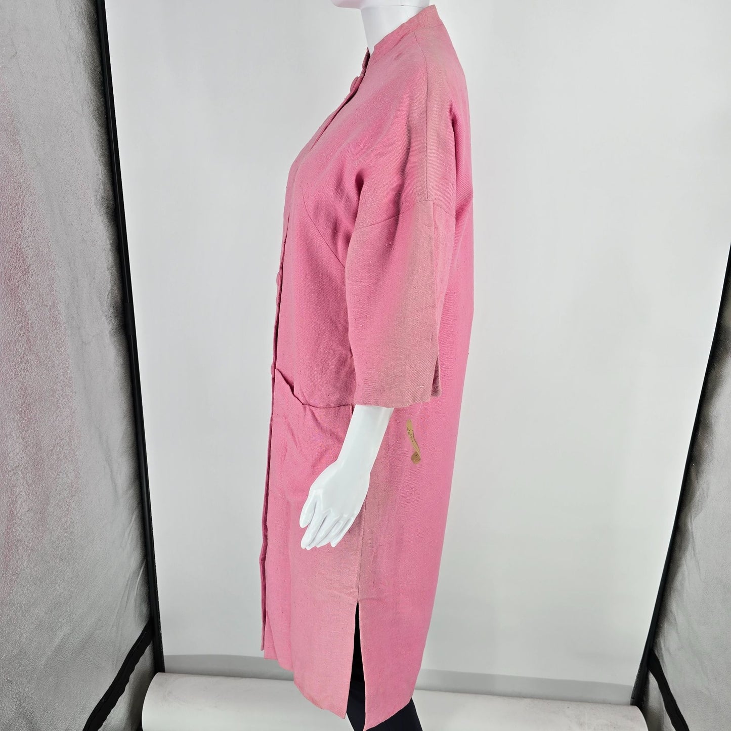 Vintage 1980s Handmade Vintage Pink Mandarin Collar Duster Coat (M)