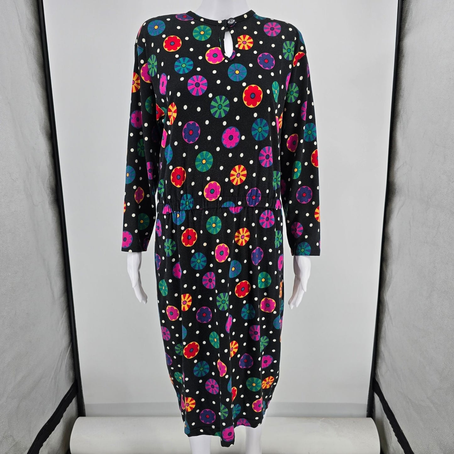 Vintage 1990s Liz Claiborne Black Floral Medallion/Polka Dot Cotton Dress (M)