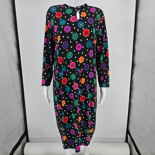 Vintage 1990s Liz Claiborne Black Floral Medallion/Polka Dot Cotton Dress (M)
