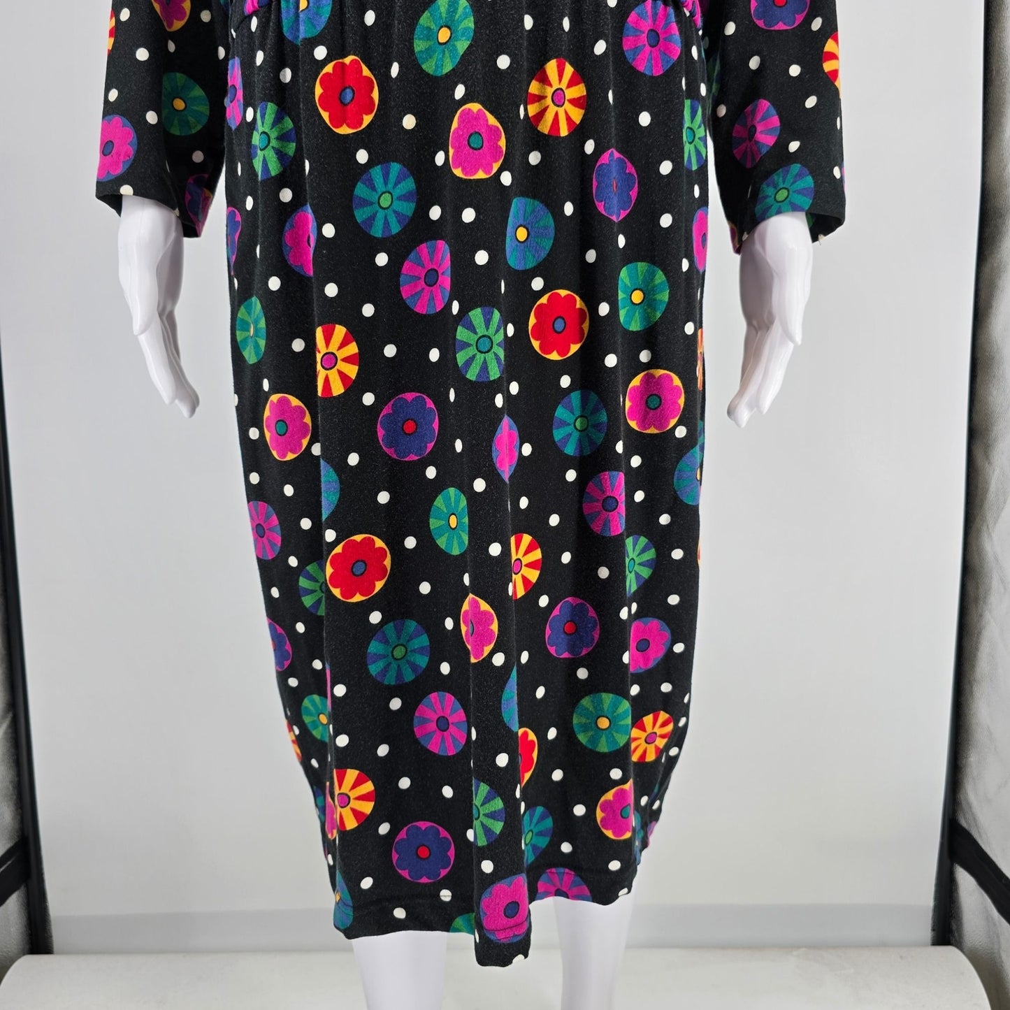 Vintage 1990s Liz Claiborne Black Floral Medallion/Polka Dot Cotton Dress (M)