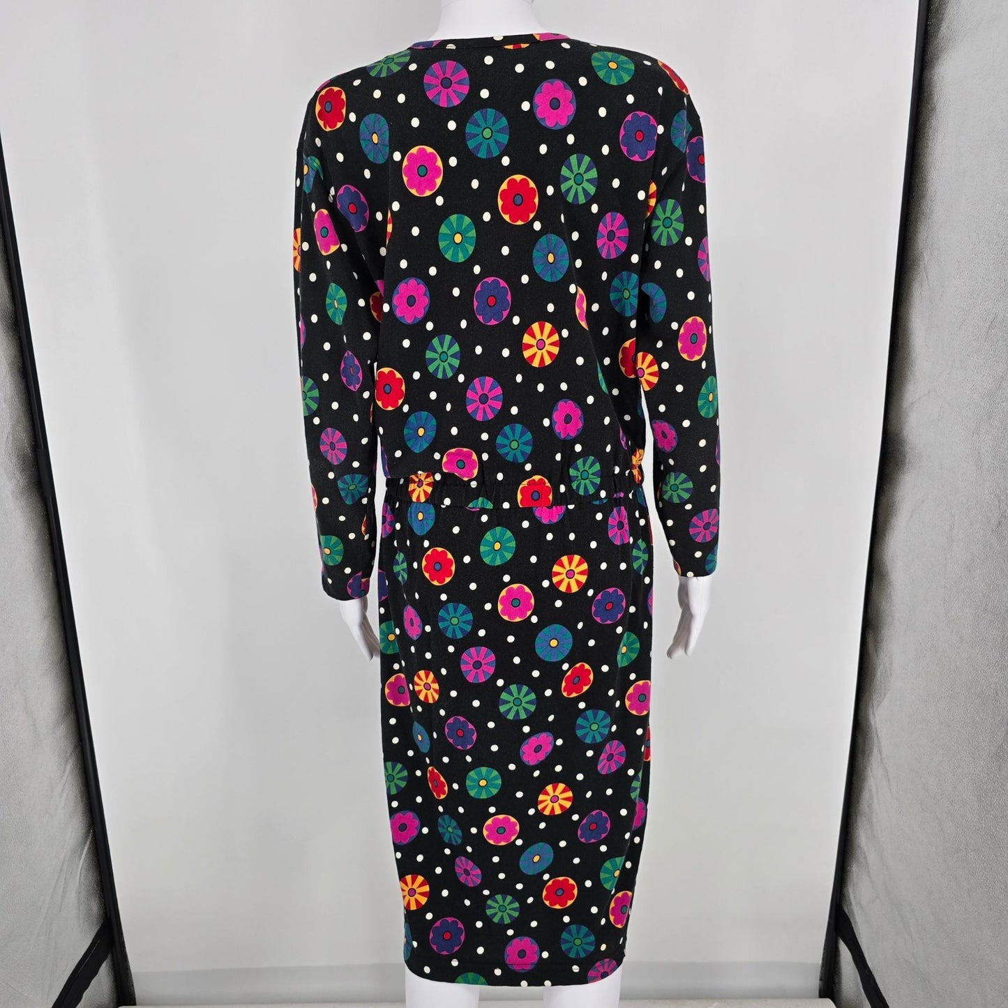 Vintage 1990s Liz Claiborne Black Floral Medallion/Polka Dot Cotton Dress (M)