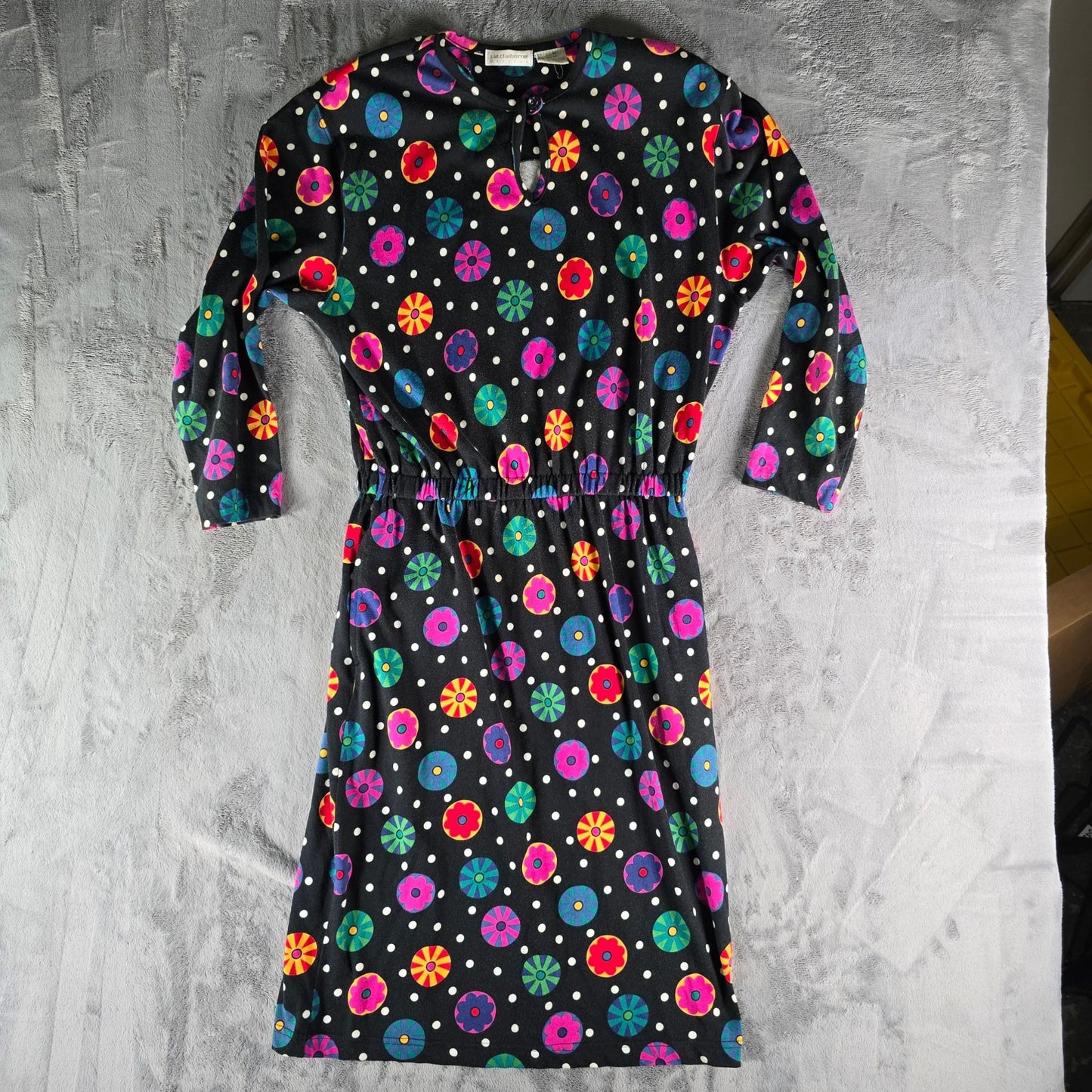 Vintage 1990s Liz Claiborne Black Floral Medallion/Polka Dot Cotton Dress (M)