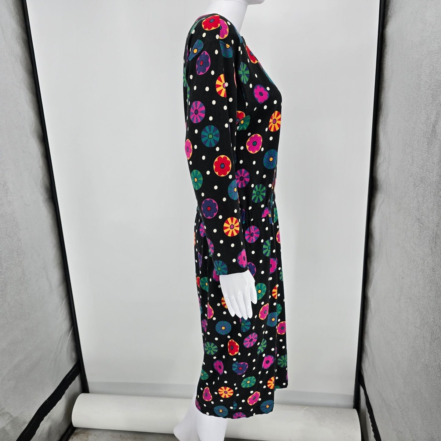 Vintage 1990s Liz Claiborne Black Floral Medallion/Polka Dot Cotton Dress (M)