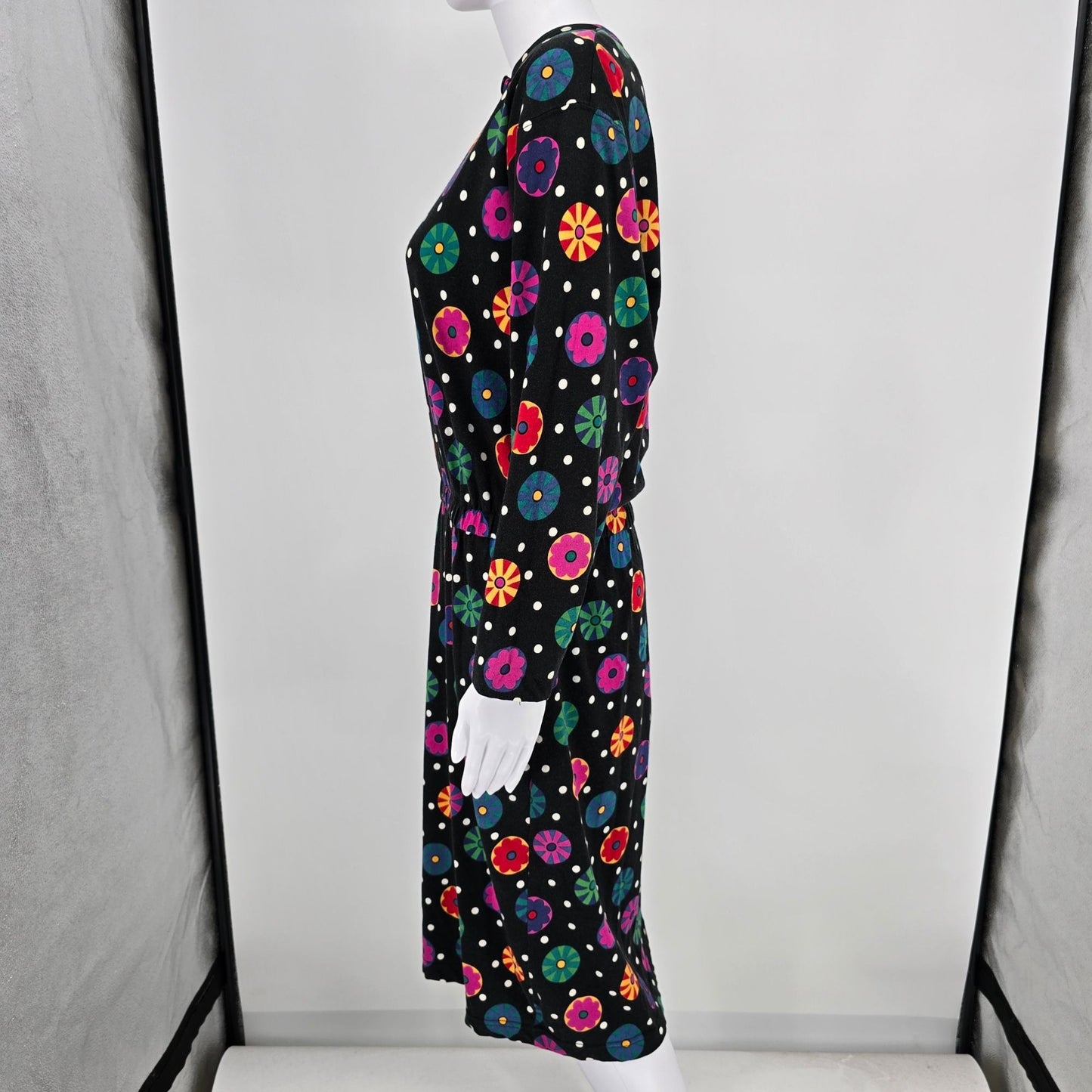 Vintage 1990s Liz Claiborne Black Floral Medallion/Polka Dot Cotton Dress (M)
