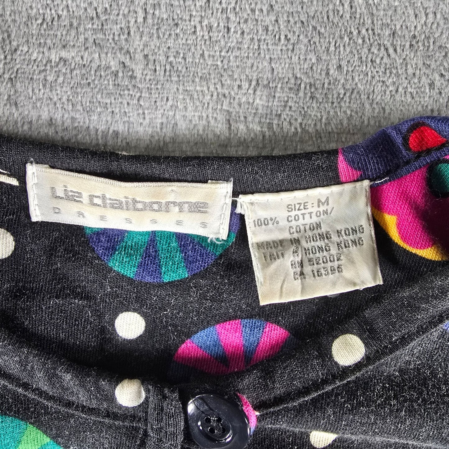 Vintage 1990s Liz Claiborne Black Floral Medallion/Polka Dot Cotton Dress (M)