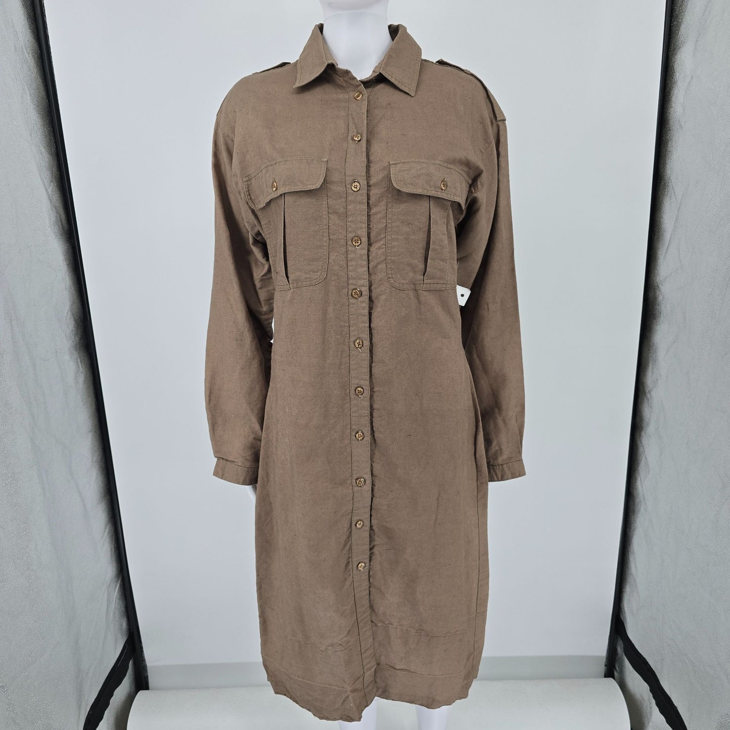 Vintage 1990s David Benjamin Ramie Blend Midi Safari Shirt Dress (10/M)