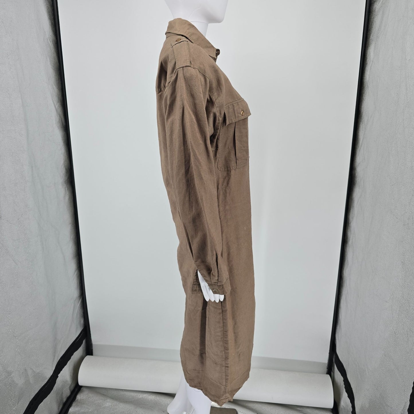 Vintage 1990s David Benjamin Ramie Blend Midi Safari Shirt Dress (10/M)