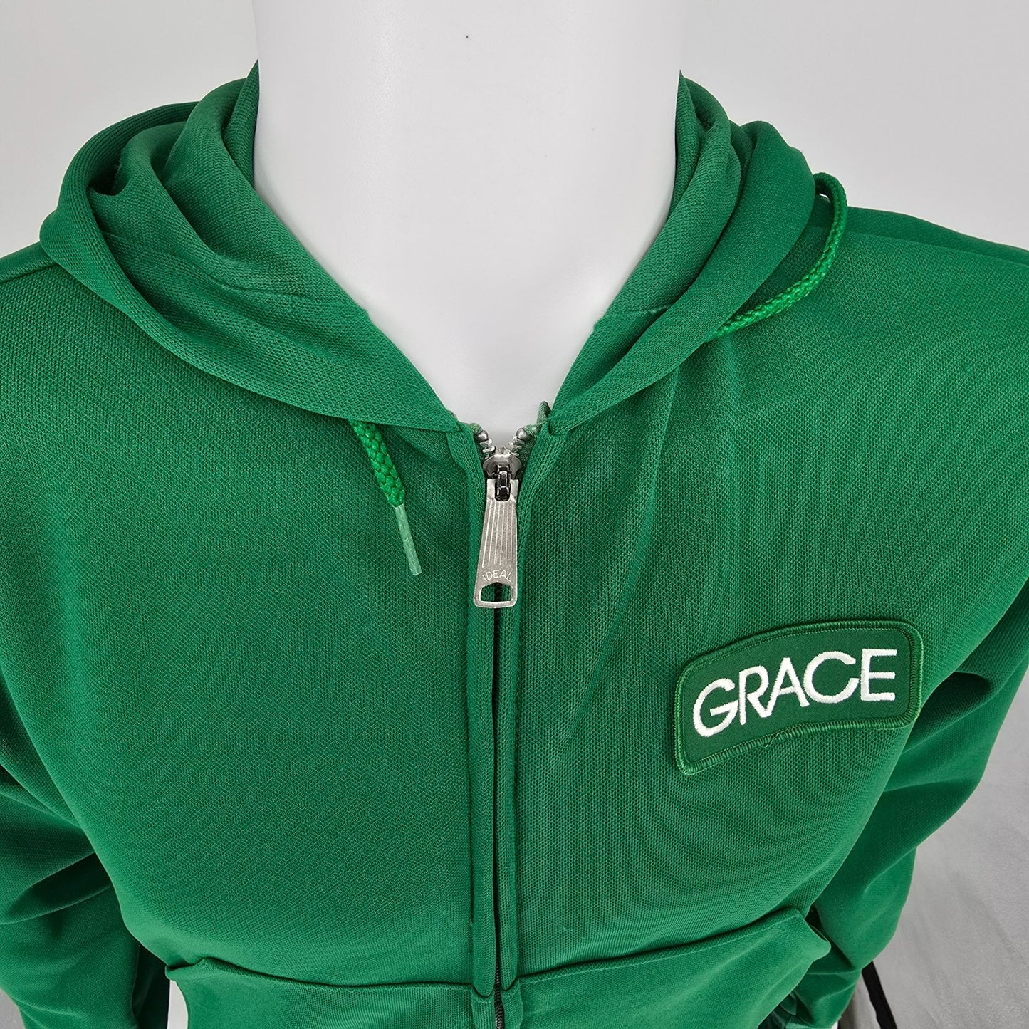 Vintage 1970s K-Brand "Grace" Patch Kelly Green Ideal Zipper Zip Hoodie (S)