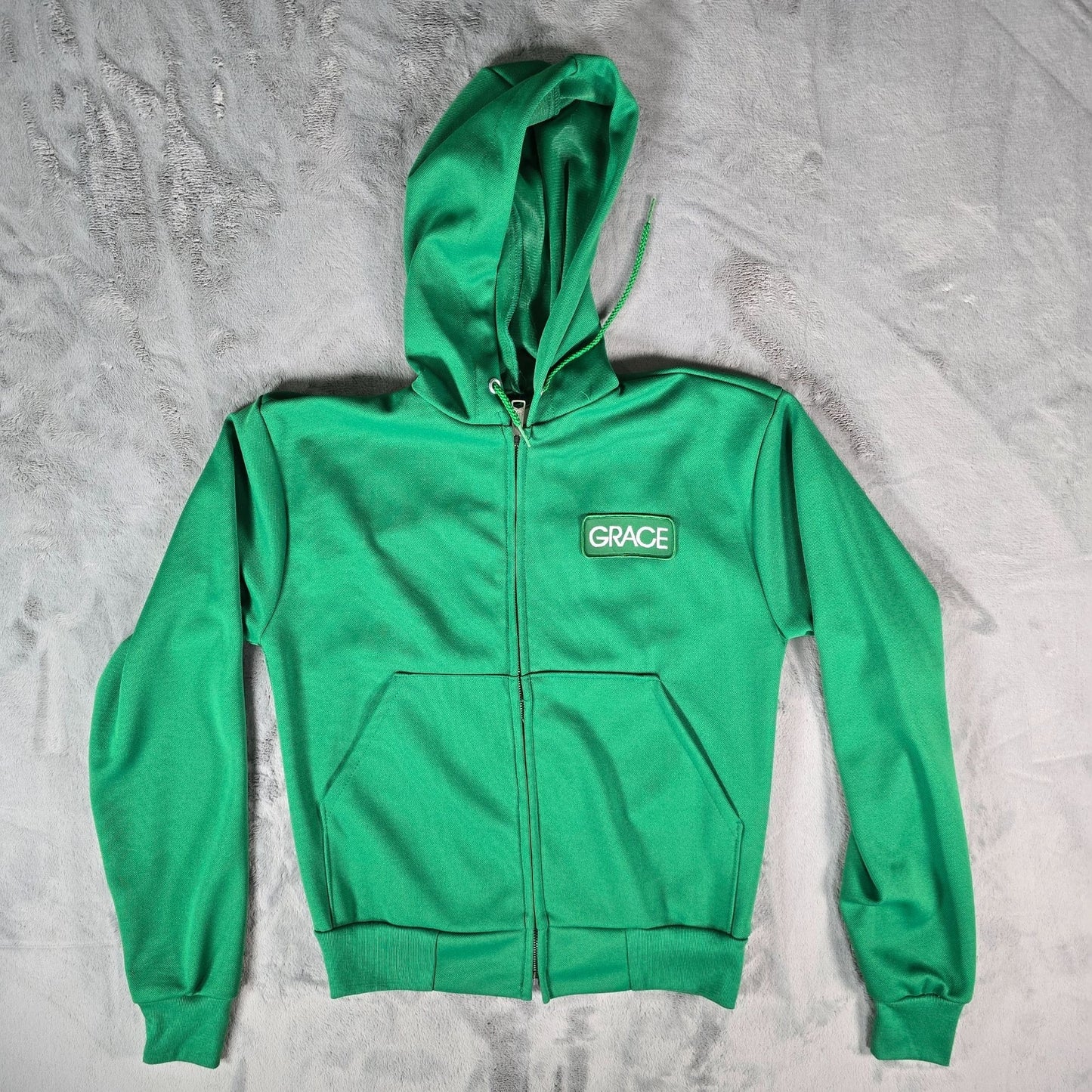 Vintage 1970s K-Brand "Grace" Patch Kelly Green Ideal Zipper Zip Hoodie (S)