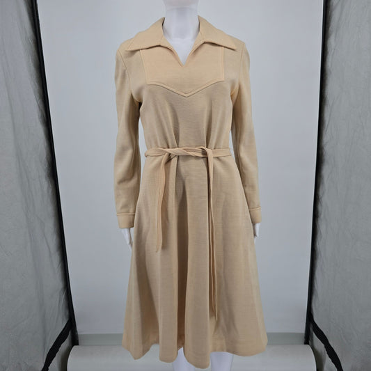 Vintage 1970s R&K Knits Beige Western Yoke Belted A-Line Midi Dress (M)