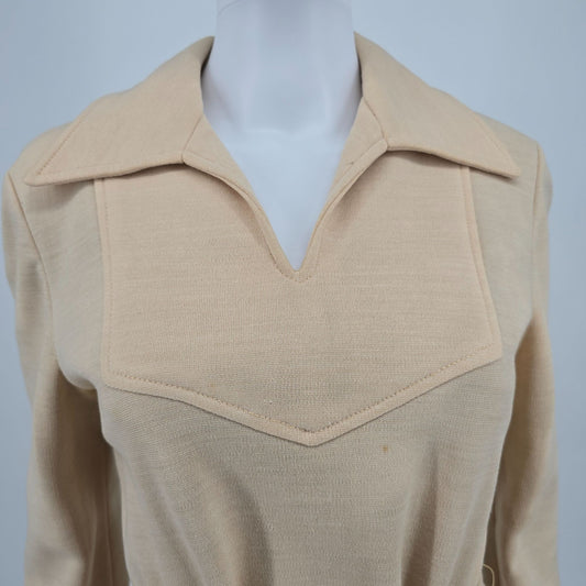 Vintage 1970s R&K Knits Beige Western Yoke Belted A-Line Midi Dress (M)