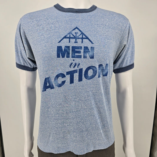 Vintage Late 1970s Early 1980s "Men in Action" Heather Blue Ringer T-Shirt (M)