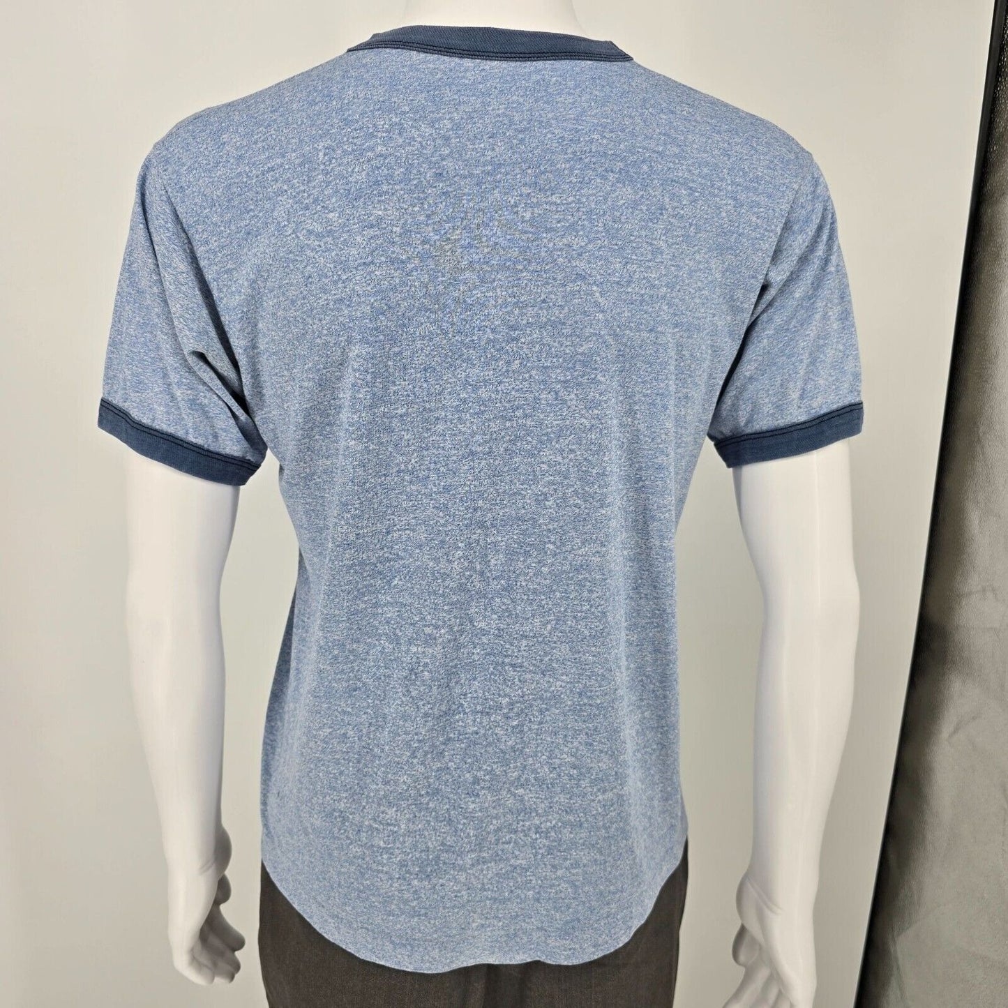 Vintage Late 1970s Early 1980s "Men in Action" Heather Blue Ringer T-Shirt (M)