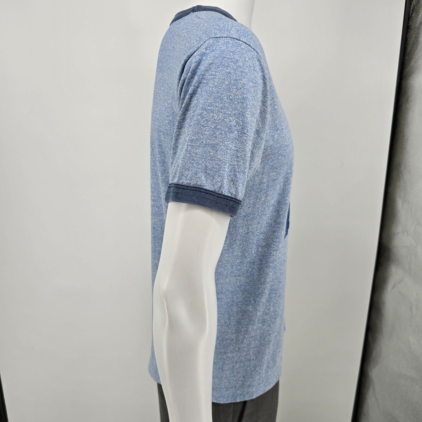 Vintage Late 1970s Early 1980s "Men in Action" Heather Blue Ringer T-Shirt (M)