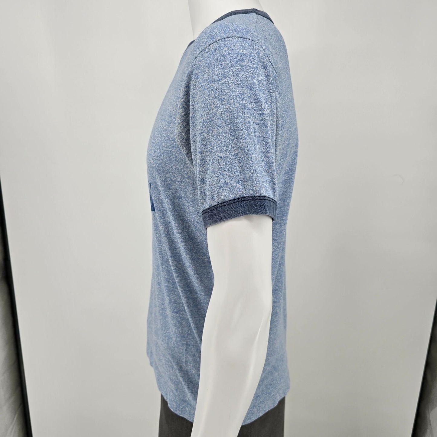 Vintage Late 1970s Early 1980s "Men in Action" Heather Blue Ringer T-Shirt (M)