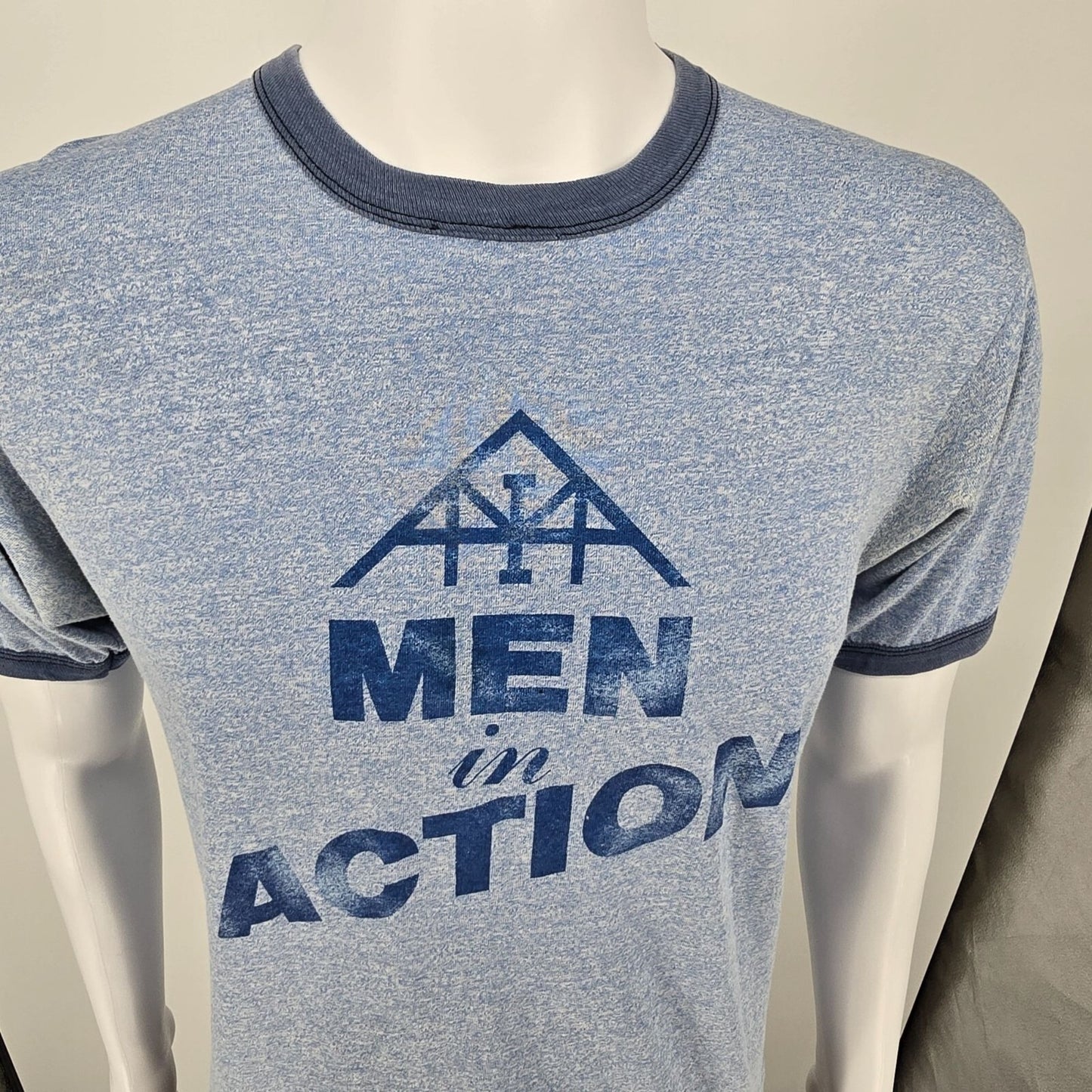 Vintage Late 1970s Early 1980s "Men in Action" Heather Blue Ringer T-Shirt (M)