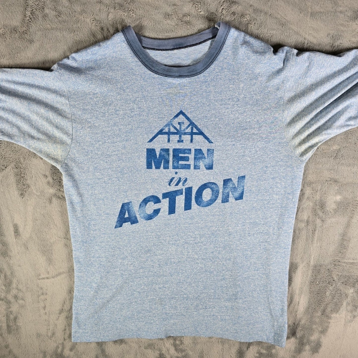 Vintage Late 1970s Early 1980s "Men in Action" Heather Blue Ringer T-Shirt (M)