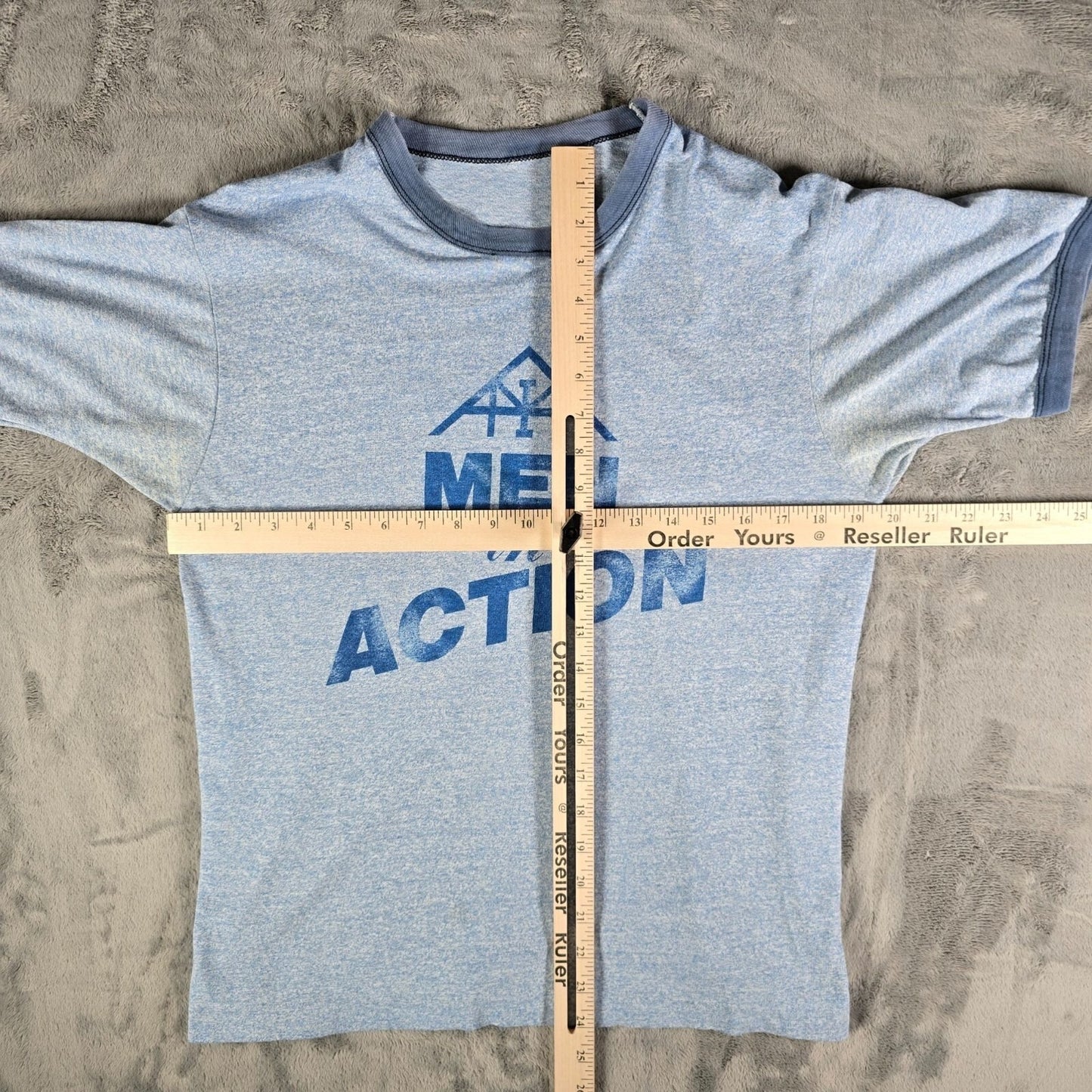 Vintage Late 1970s Early 1980s "Men in Action" Heather Blue Ringer T-Shirt (M)