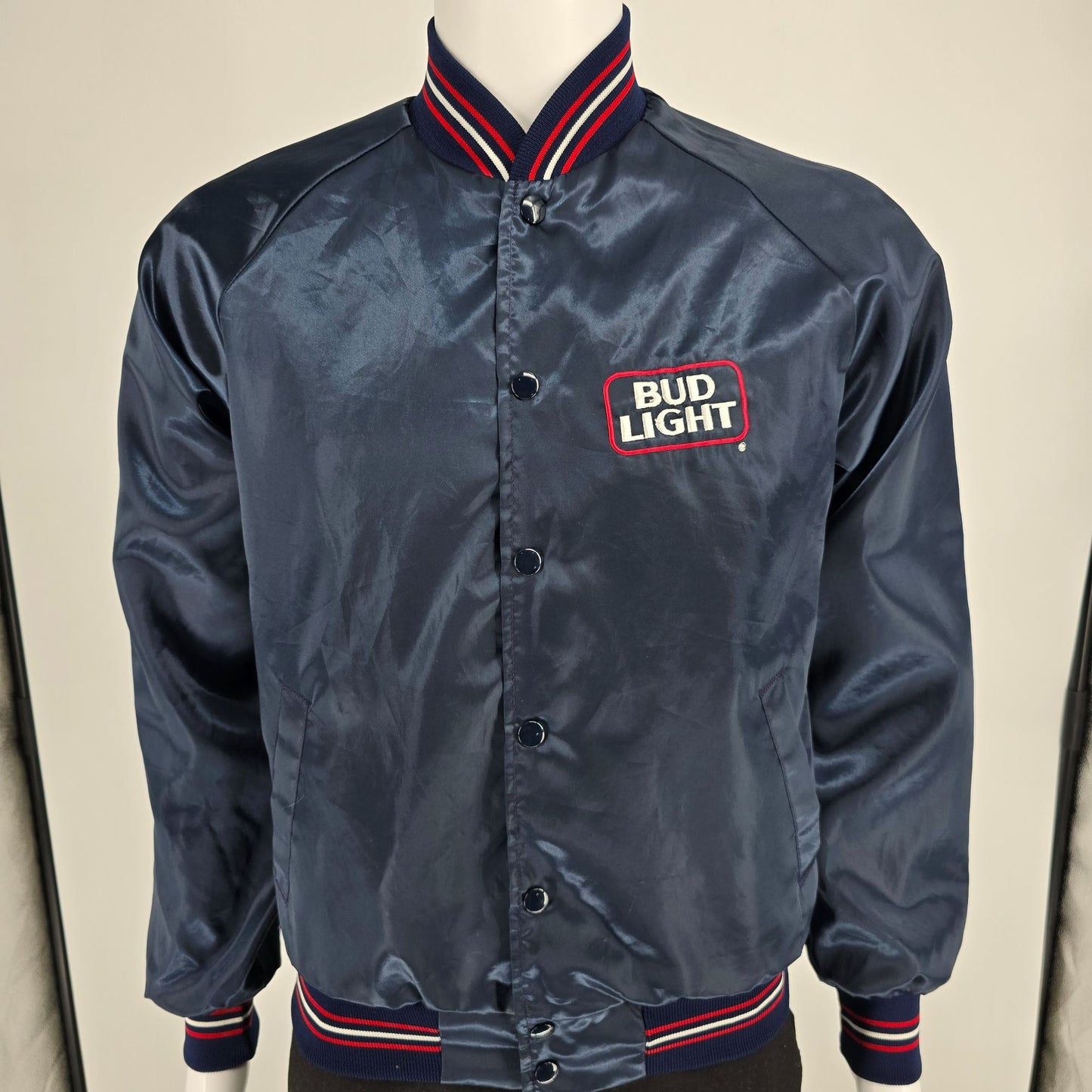 Vintage 1980s Bud Light Delivery Driver Fleece Lined Satin Bomber Jacket (M)