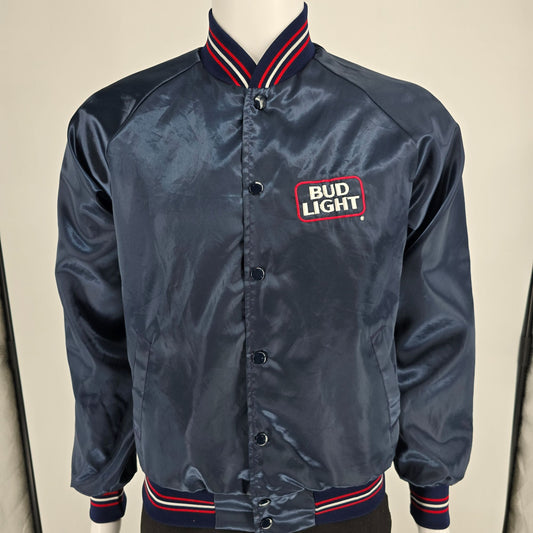 Vintage 1980s Bud Light Delivery Driver Fleece Lined Satin Bomber Jacket (M)