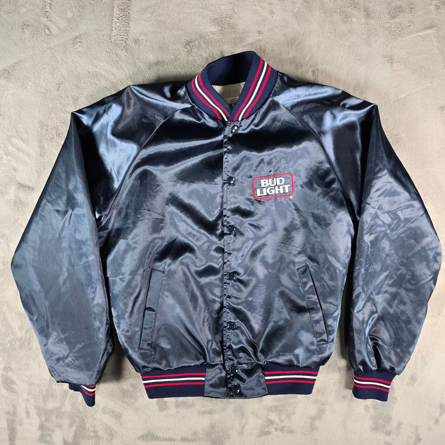 Vintage 1980s Bud Light Delivery Driver Fleece Lined Satin Bomber Jacket (M)