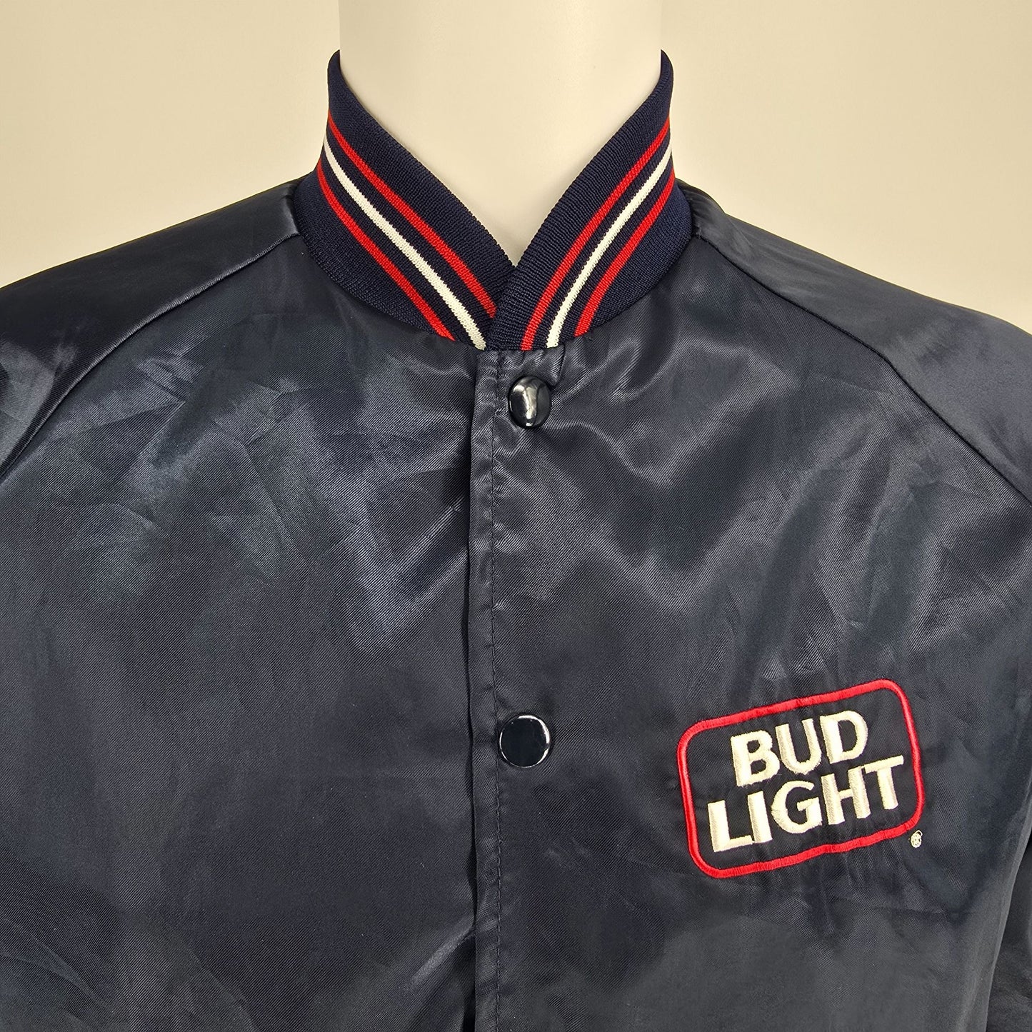 Vintage 1980s Bud Light Delivery Driver Fleece Lined Satin Bomber Jacket (M)