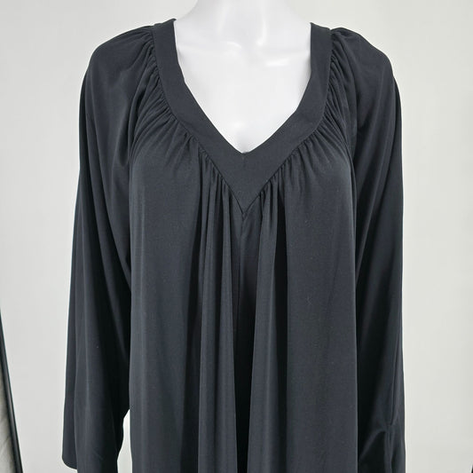 Vintage 1970s Black Caftan V-Neck Wide Sleeve Maxi Lounge/Hostess Dress (XXL)