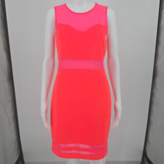 2010s H&M Divided Neon Coral/Pink Mesh Panel Bodycon Dress (Size 12/L) *Flaws