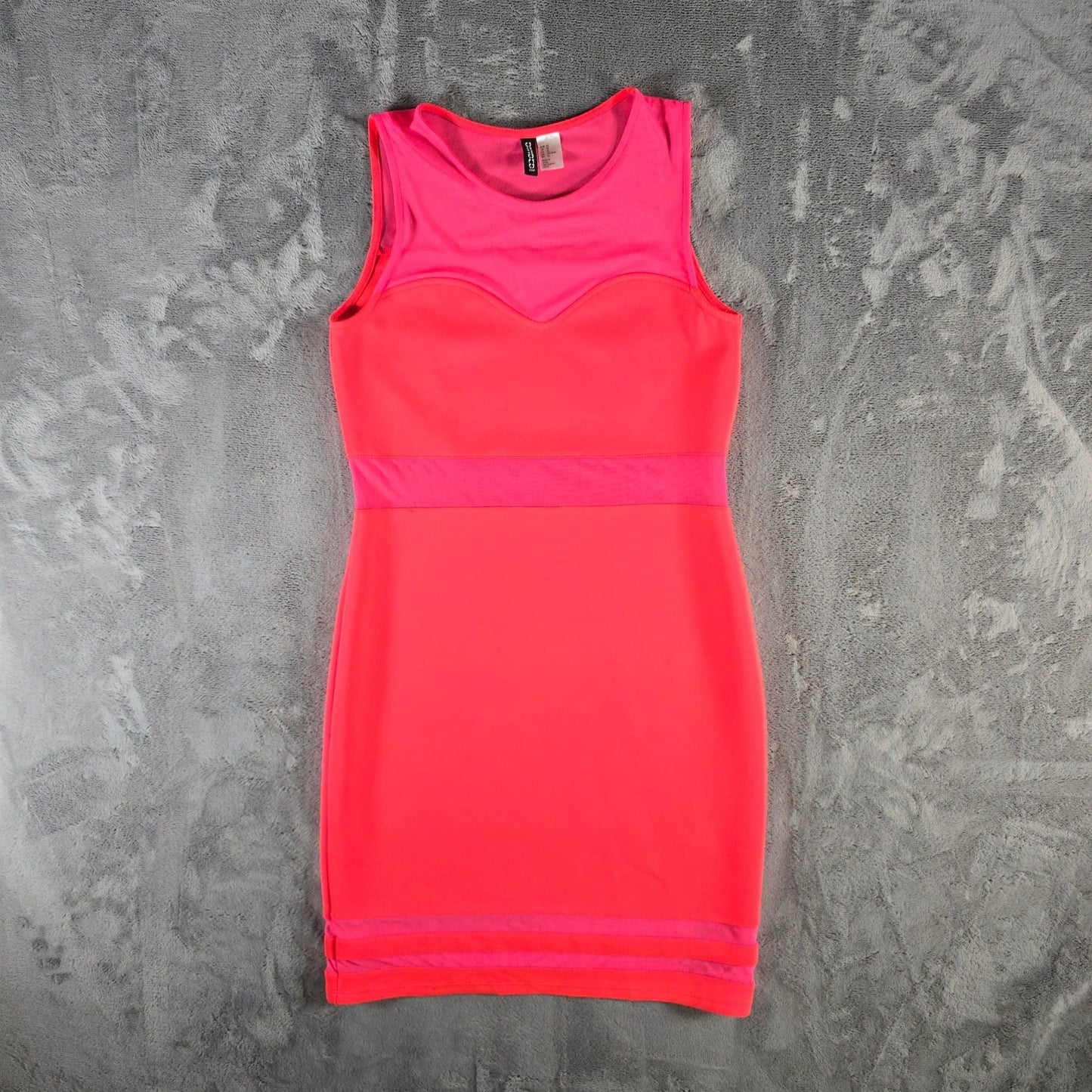 2010s H&M Divided Neon Coral/Pink Mesh Panel Bodycon Dress (Size 12/L) *Flaws