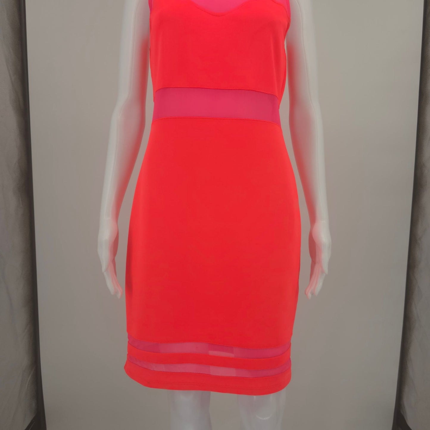 2010s H&M Divided Neon Coral/Pink Mesh Panel Bodycon Dress (Size 12/L) *Flaws