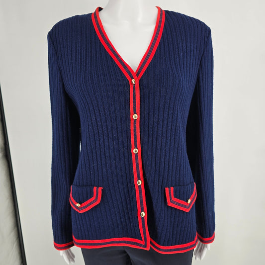 Vintage 1970s Butte Knit Women's Navy/Red Rib-Knit V-Neck Cardigan Sweater (L)