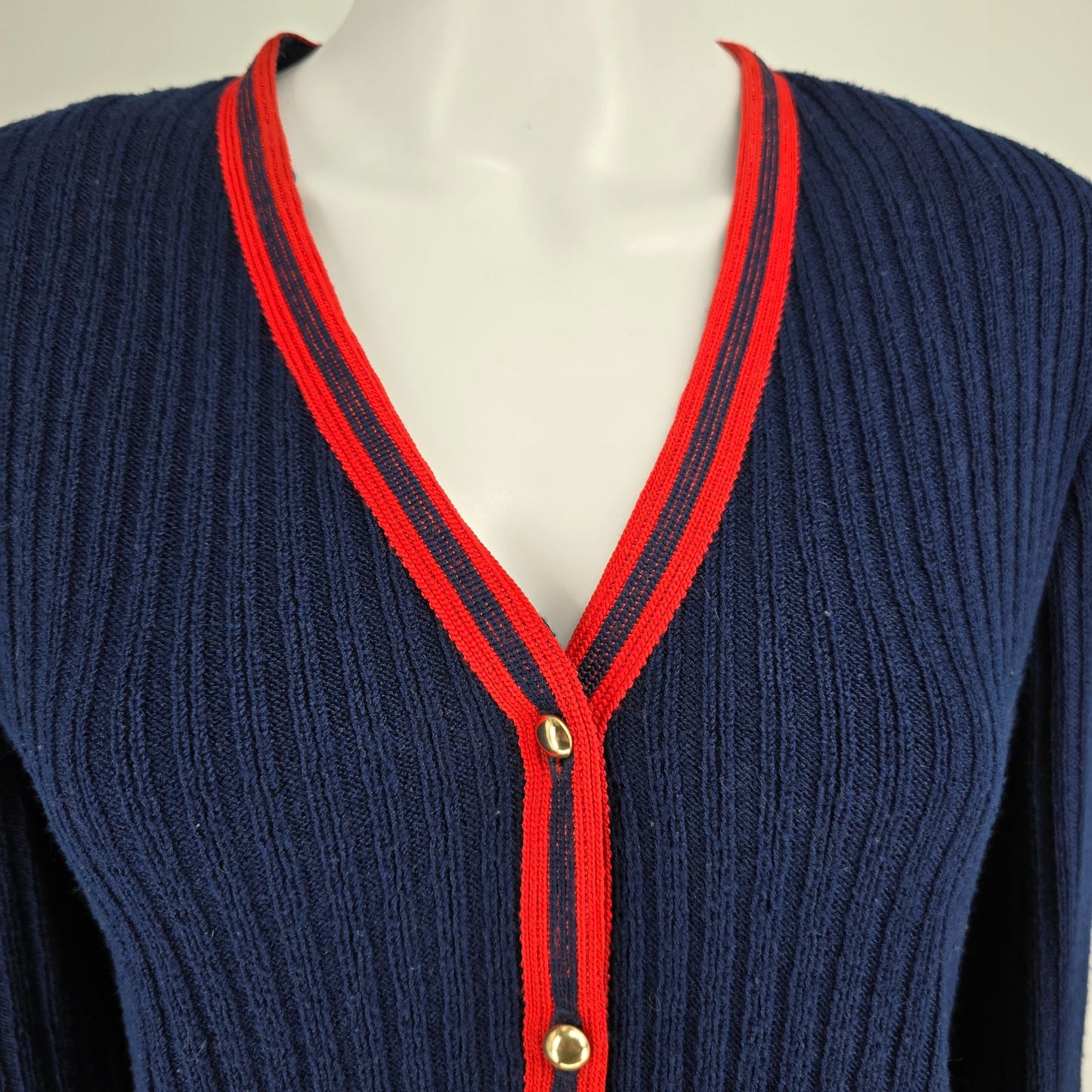 Vintage 1970s Butte Knit Women's Navy/Red Rib-Knit V-Neck Cardigan Sweater (L)