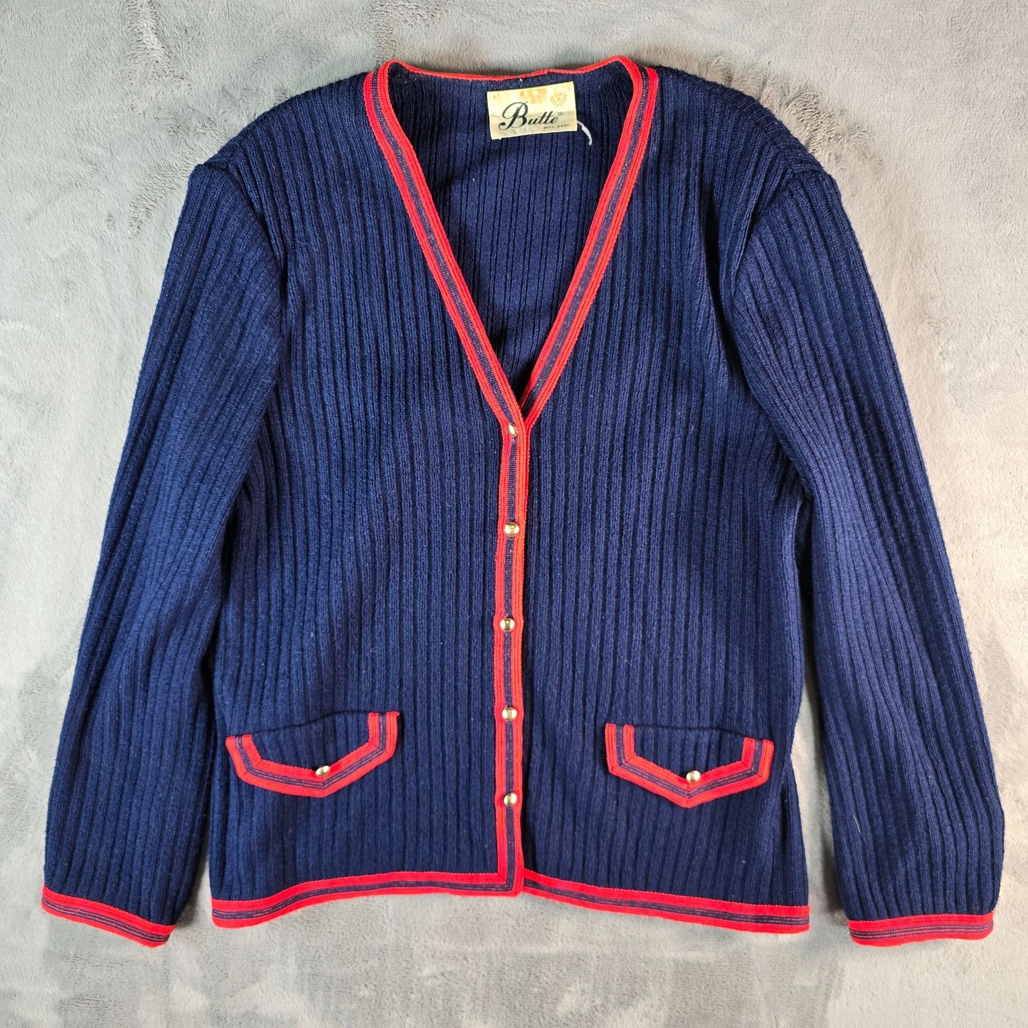 Vintage 1970s Butte Knit Women's Navy/Red Rib-Knit V-Neck Cardigan Sweater (L)
