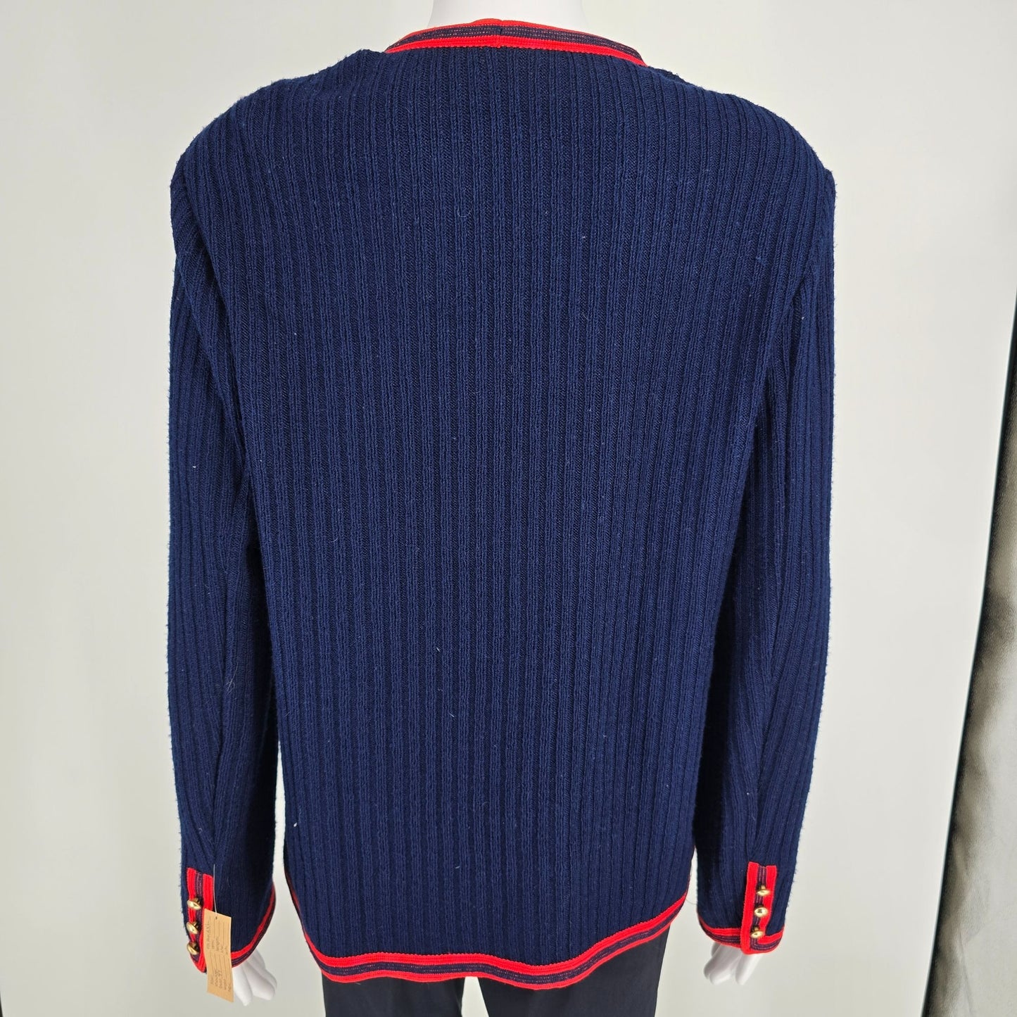 Vintage 1970s Butte Knit Women's Navy/Red Rib-Knit V-Neck Cardigan Sweater (L)