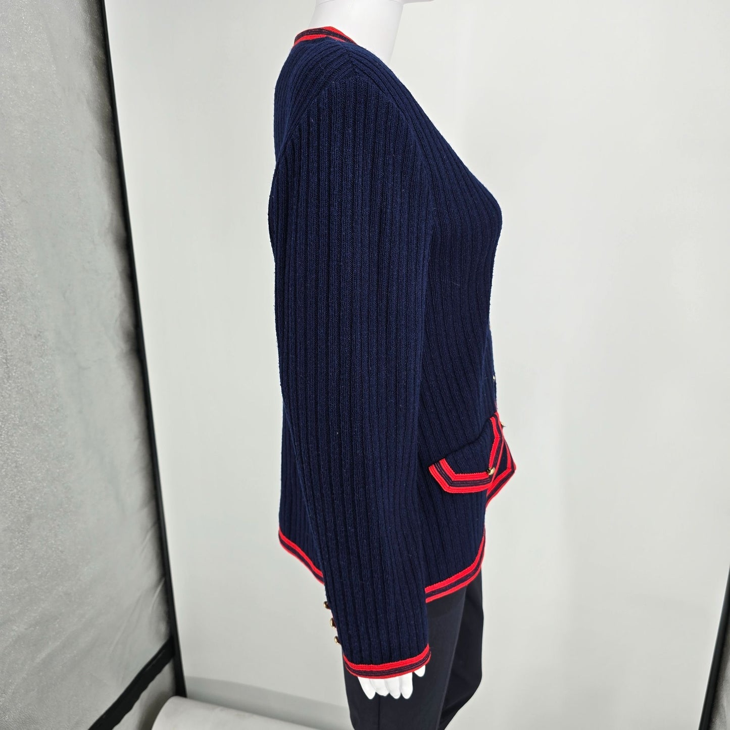 Vintage 1970s Butte Knit Women's Navy/Red Rib-Knit V-Neck Cardigan Sweater (L)