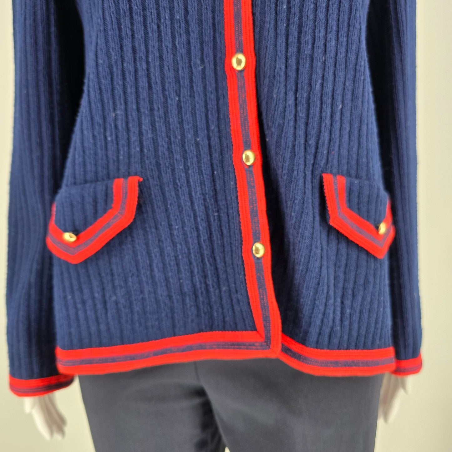 Vintage 1970s Butte Knit Women's Navy/Red Rib-Knit V-Neck Cardigan Sweater (L)
