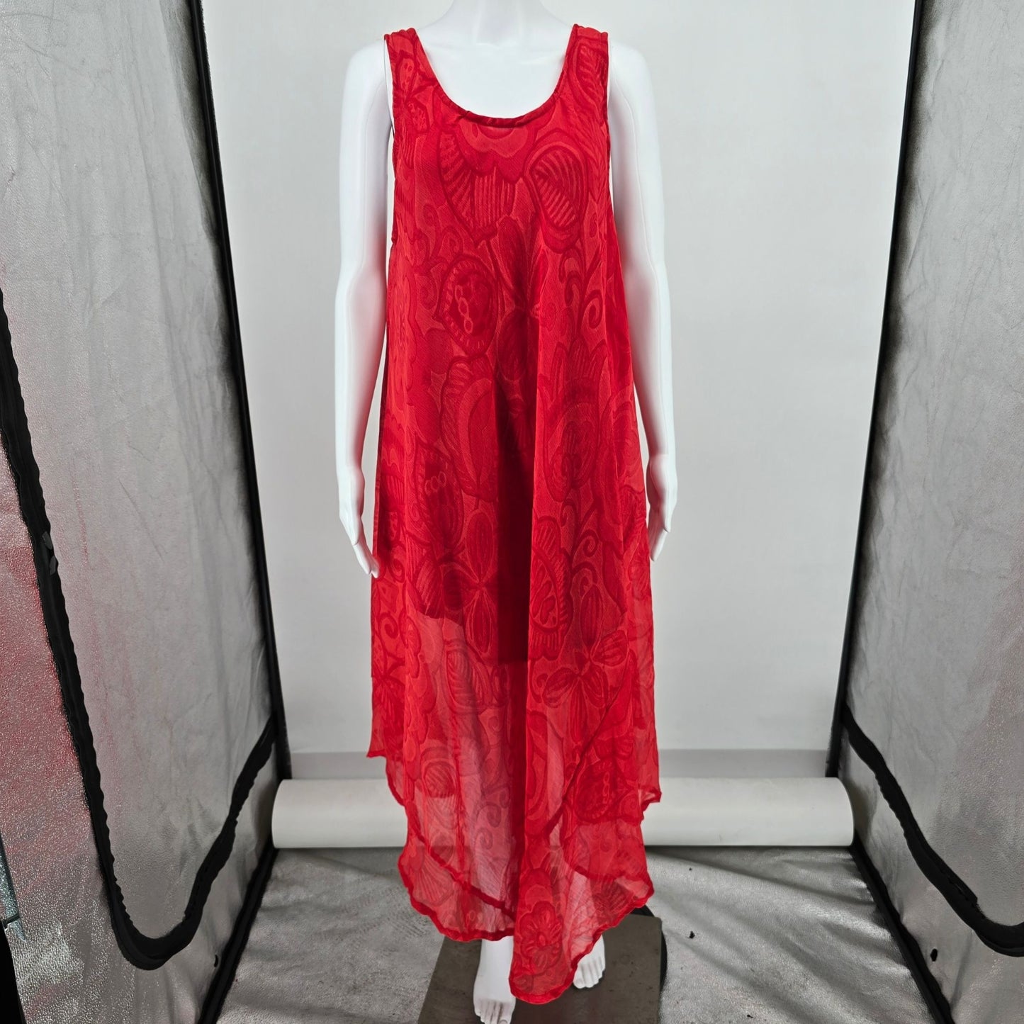 Vintage Y2K Red Viscose Sheer Tonal Floral Pattern Sleeveless Trapeze Dress (XL)