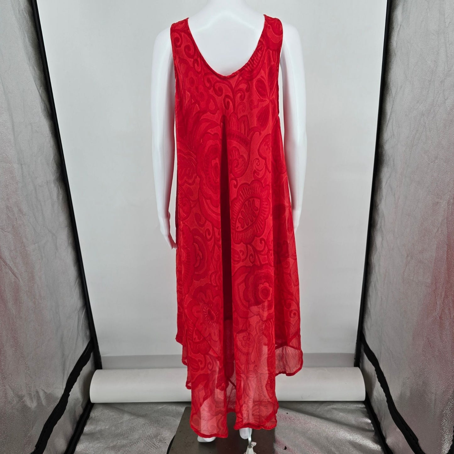 Vintage Y2K Red Viscose Sheer Tonal Floral Pattern Sleeveless Trapeze Dress (XL)
