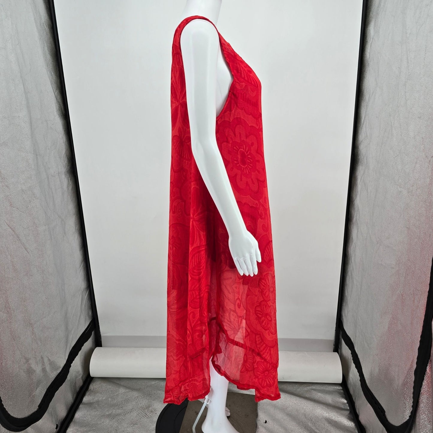 Vintage Y2K Red Viscose Sheer Tonal Floral Pattern Sleeveless Trapeze Dress (XL)
