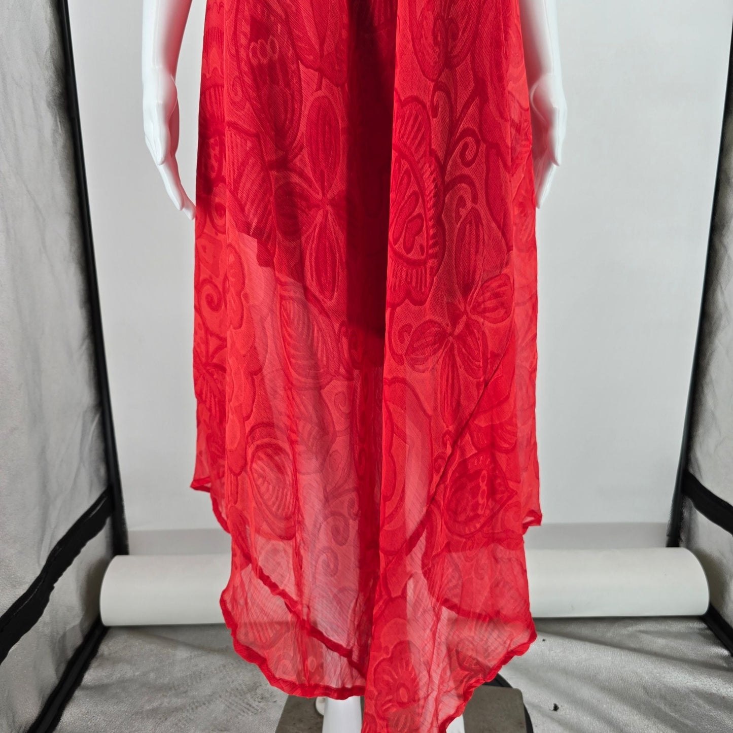 Vintage Y2K Red Viscose Sheer Tonal Floral Pattern Sleeveless Trapeze Dress (XL)