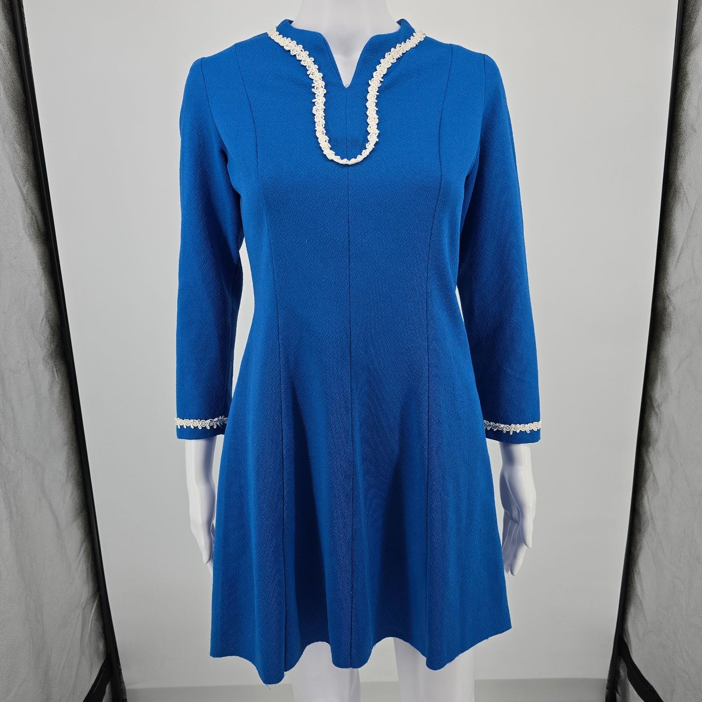 Vintage Early 1970s Flutterbye Royal Blue Knit Mod Skater Mini Dress (S)