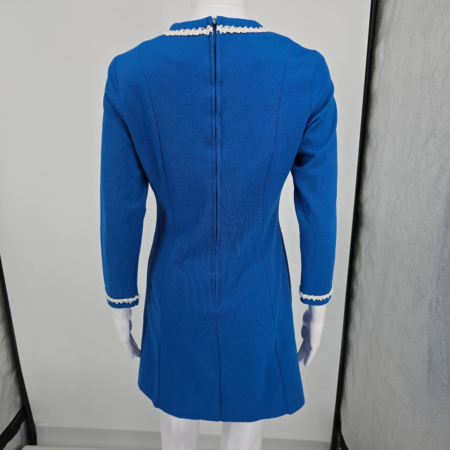 Vintage Early 1970s Flutterbye Royal Blue Knit Mod Skater Mini Dress (S)
