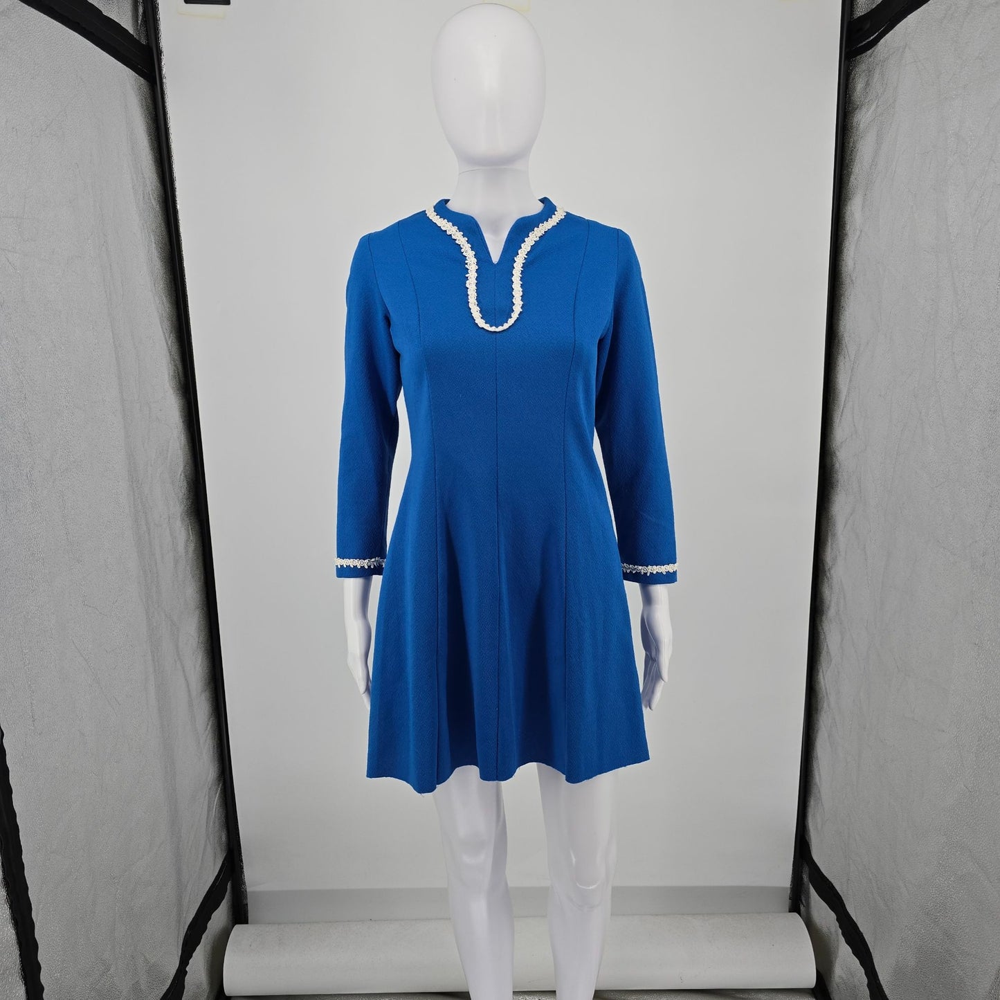 Vintage Early 1970s Flutterbye Royal Blue Knit Mod Skater Mini Dress (S)