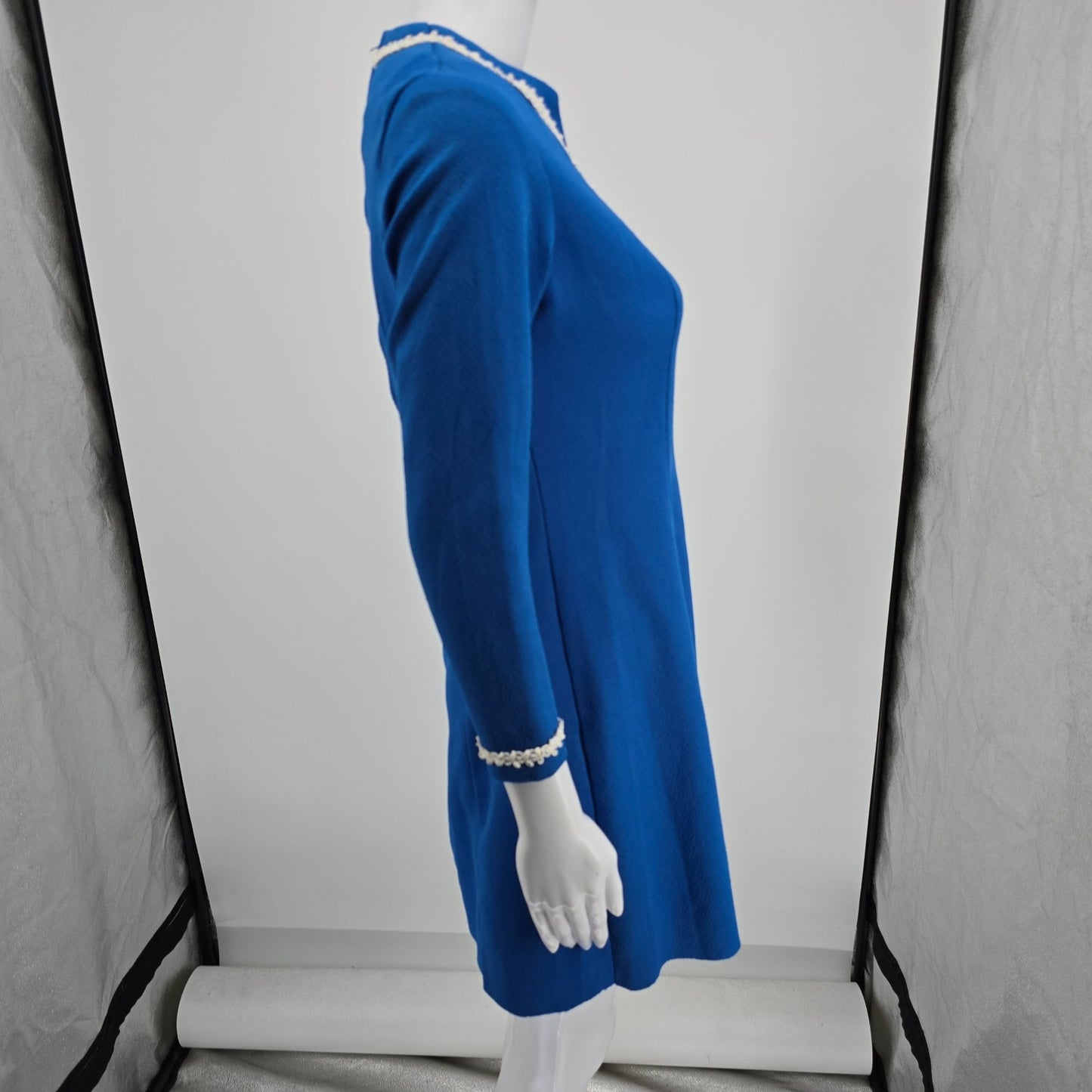 Vintage Early 1970s Flutterbye Royal Blue Knit Mod Skater Mini Dress (S)