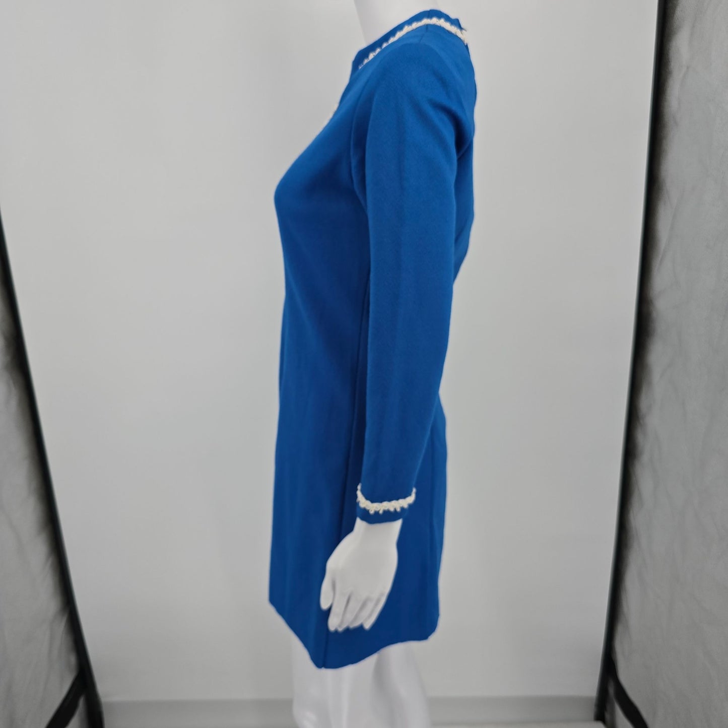 Vintage Early 1970s Flutterbye Royal Blue Knit Mod Skater Mini Dress (S)