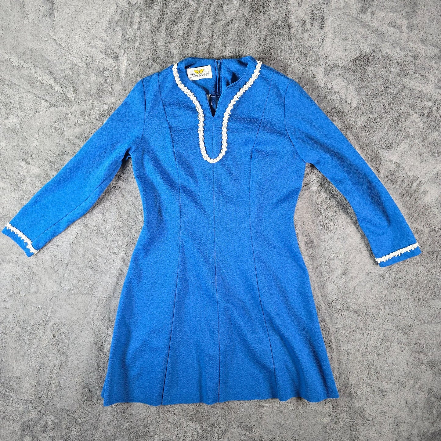 Vintage Early 1970s Flutterbye Royal Blue Knit Mod Skater Mini Dress (S)