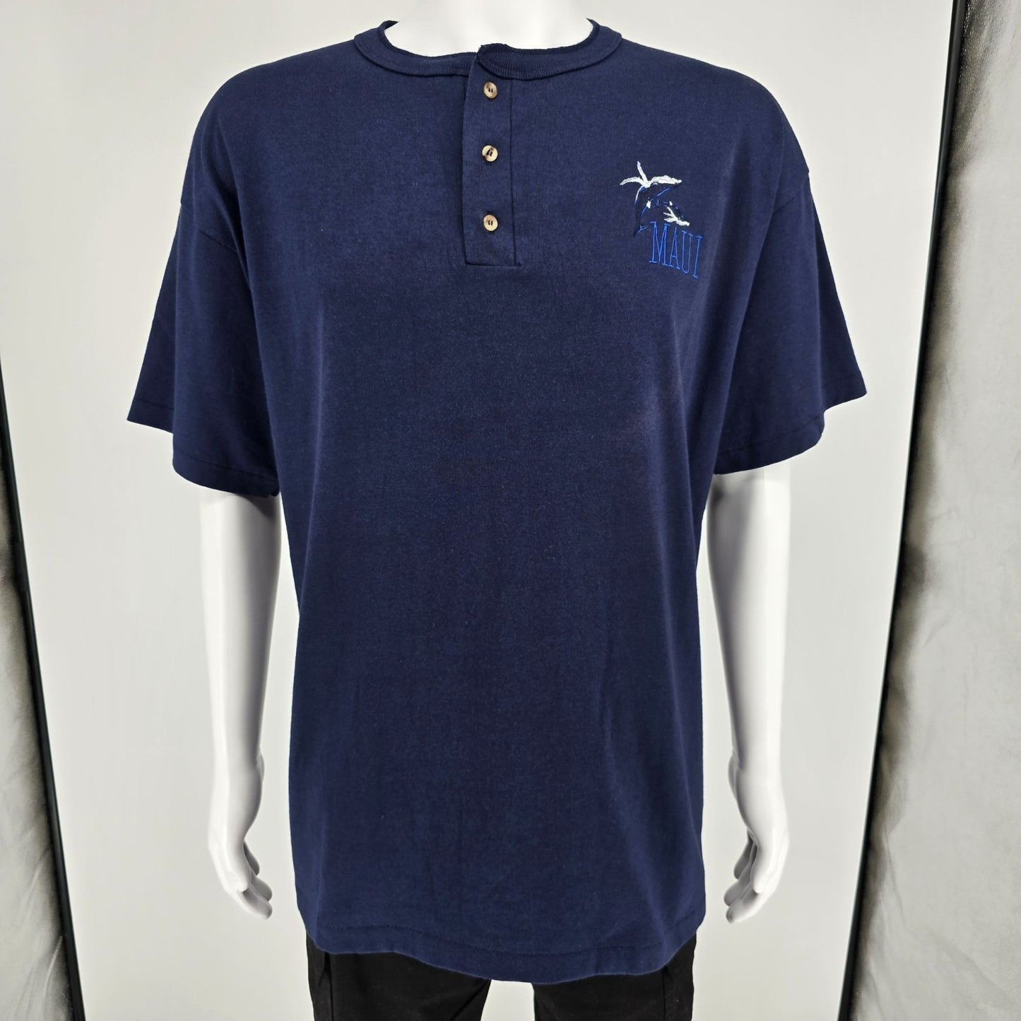 Vintage 1990s Anvil Cotton Deluxe Maui Dolphins Embroidered Henley T-Shirt (XL)