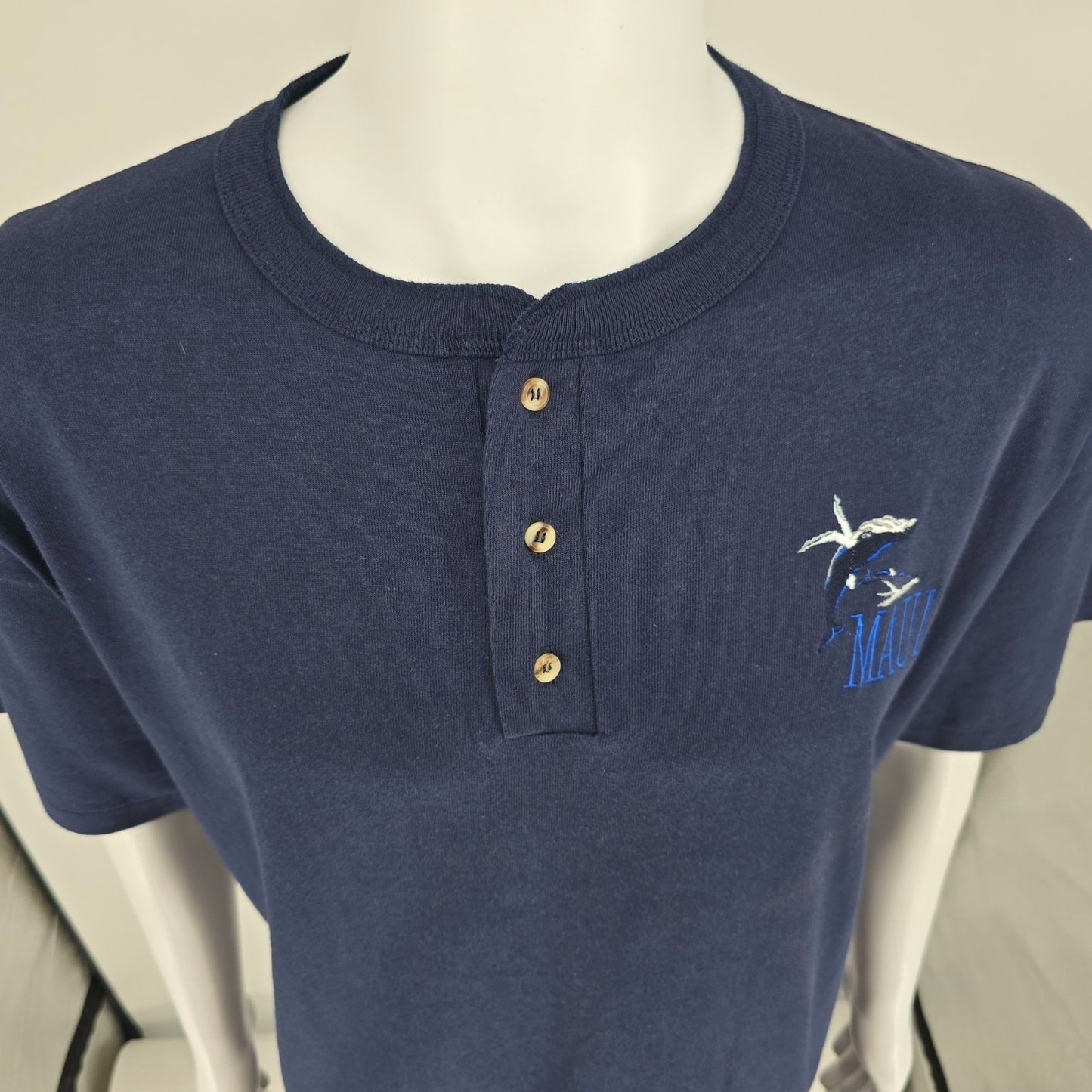 Vintage 1990s Anvil Cotton Deluxe Maui Dolphins Embroidered Henley T-Shirt (XL)