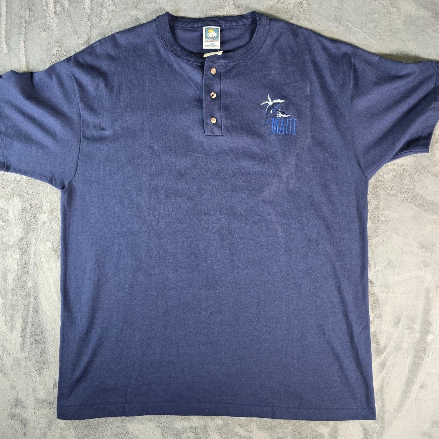 Vintage 1990s Anvil Cotton Deluxe Maui Dolphins Embroidered Henley T-Shirt (XL)